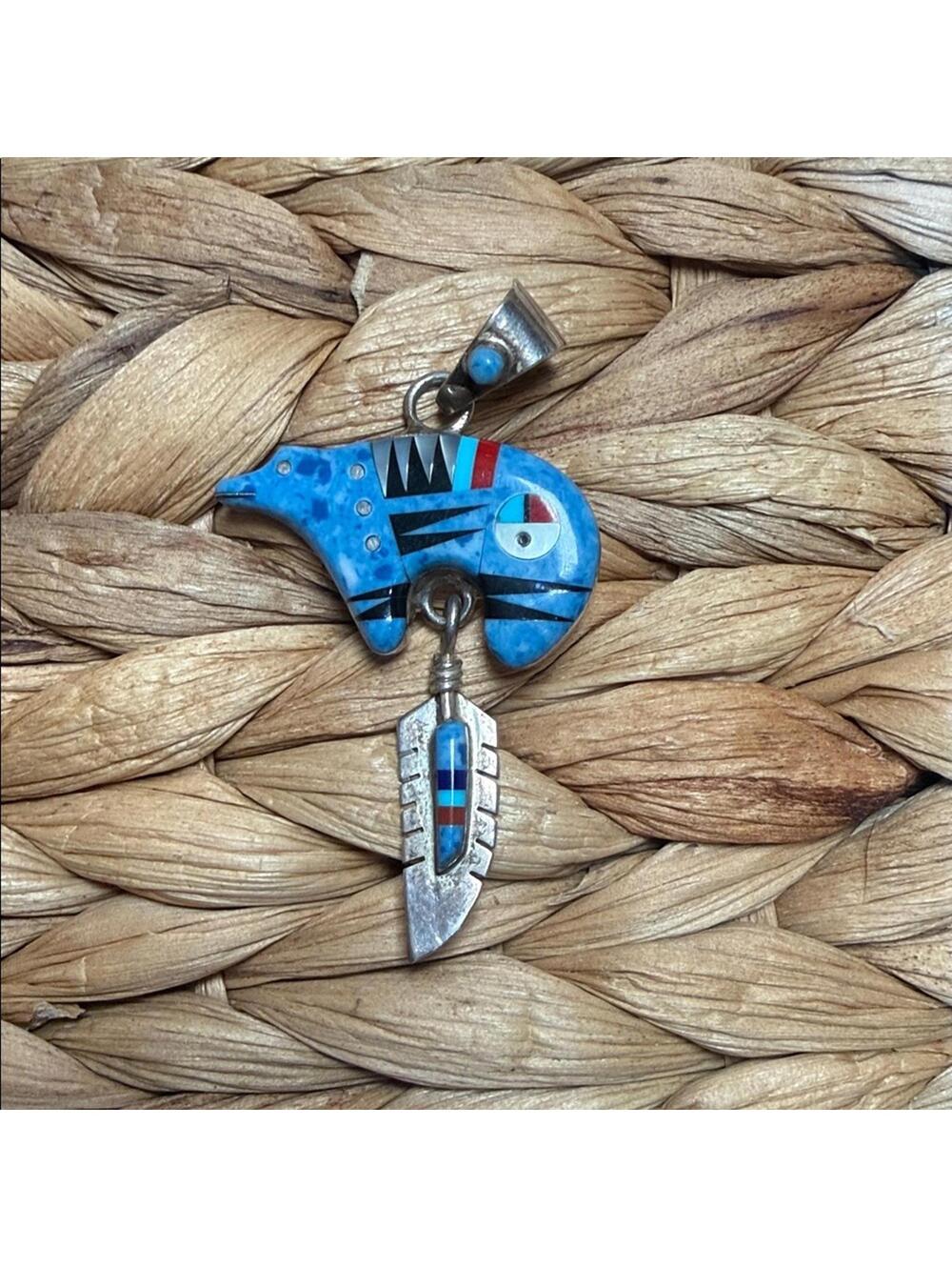 Southwest Sterling Silver Blue Bear Feather Pendant